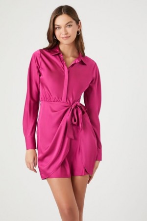 Vestido Forever 21 Satin Mini Wrap Mujer Fucsia | STA27vZxhJA