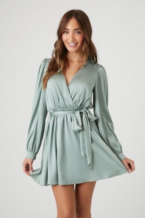 Vestido Forever 21 Satin Mock Wrap Mini Mujer Verde | 1gGVZMF5QIf