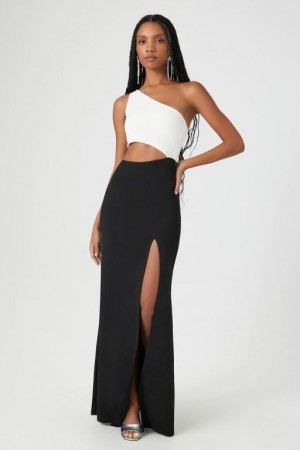 Vestido Forever 21 Satin One Shoulder Colorblock Maxi Mujer Blancas Negras | zFNRG8VDBzY