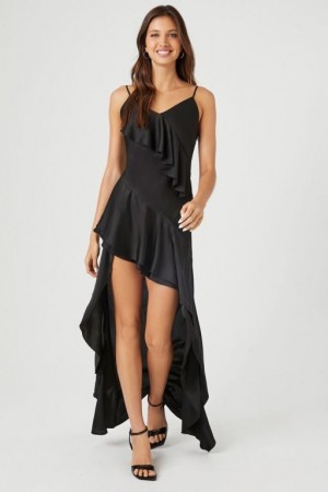 Vestido Forever 21 Satin Ruffle High Low Mujer Negras | 6SvwzZgLp7e