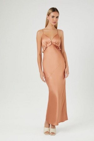 Vestido Forever 21 Satin Ruffle Trim Maxi Mujer Toasted Almond | JQvsdsQhUTa