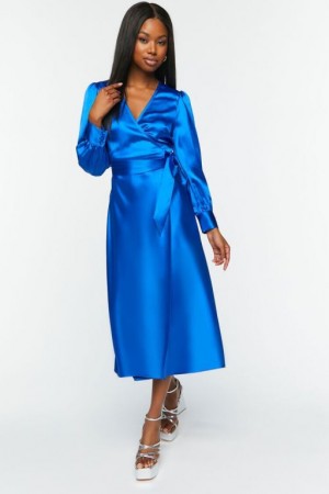 Vestido Forever 21 Satin Surplice Wrap Midi Mujer Azul Real | 3O5ip2xMh5X