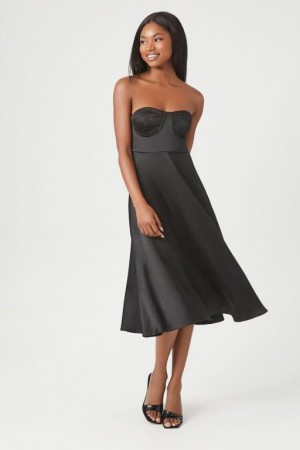 Vestido Forever 21 Satin Sweetheart Midi Mujer Negras | NIdDFrDgjZy