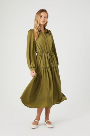 Vestido Forever 21 Satin Tie Front Midi Mujer Verde Oliva | wxkb6mTEMVY