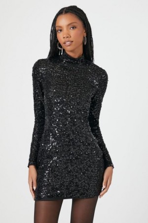 Vestido Forever 21 Sequin Mock Neck Mini Mujer Negras | yNItpkQvpJL