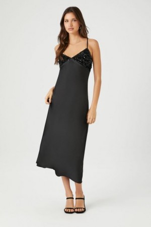 Vestido Forever 21 Sequin Satin Midi Slip Mujer Negras | 5ah9yqEOJ3y