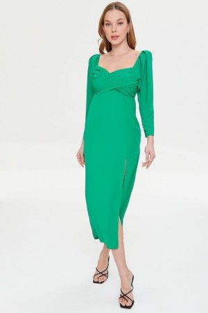 Vestido Forever 21 Shirred Midi Slit Mujer Verde | 3pqDYTJ6Ekx