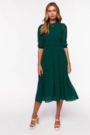 Vestido Forever 21 Smocked Chiffon Peasant Sleeve Mujer Verde | WSrWvhGTNcK