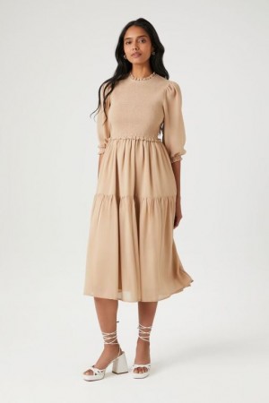 Vestido Forever 21 Smocked Chiffon Peasant Sleeve Mujer Sandshell | LjBVNgFIRiP