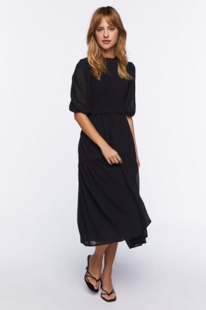 Vestido Forever 21 Smocked Peasant Sleeve Mujer Negras | gyQd9ekAuj7