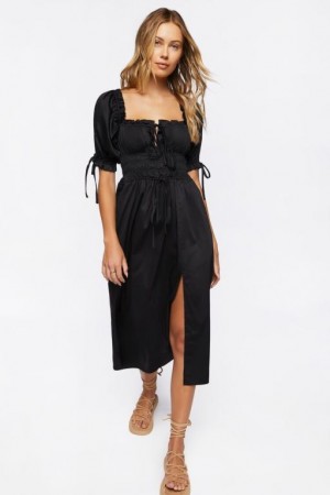 Vestido Forever 21 Smocked Puff Sleeve Midi Mujer Negras | LrXfGj99lnU