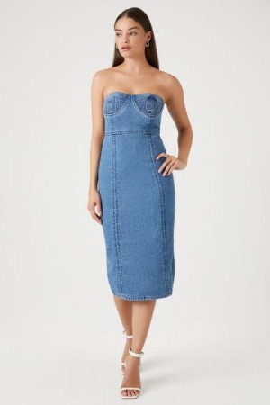 Vestido Forever 21 Strapless Denim Midi Mujer Azules | Dc10NXdKcOH