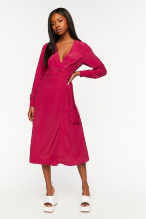 Vestido Forever 21 Surplice Long Sleeve Wrap Midi Mujer Magenta | BSEOmSJCAnX