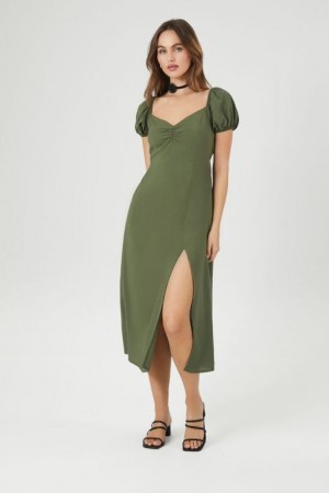 Vestido Forever 21 Sweetheart Lace Up Midi Mujer Verde Oliva | fifTKhpCrA5