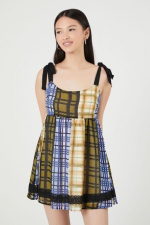 Vestido Forever 21 Tie Strap Plaid Mini Mujer Azules Multicolor | R0XOFvUMNGF