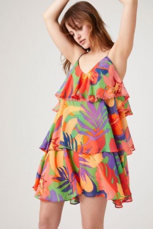 Vestido Forever 21 Tropical Print Tiered Mujer Rojas Multicolor | e820XRwOfwN