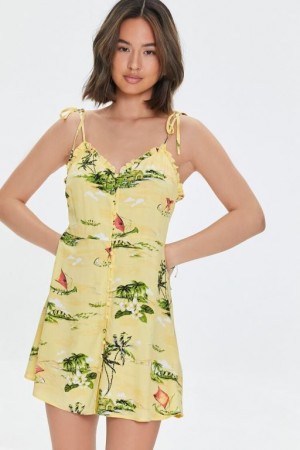 Vestido Forever 21 Tropical Ruffled Cami Mujer Amarillo Multicolor | 9v9471DLhq5