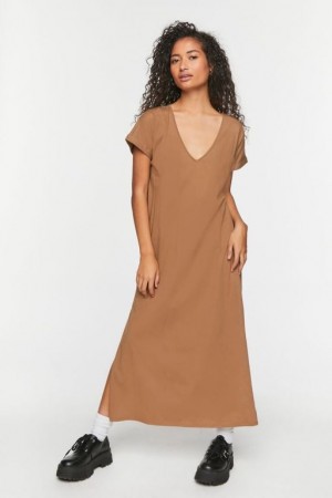 Vestido Forever 21 V Neck Short Sleeve Maxi Mujer Beige | nDBpSOrC33G