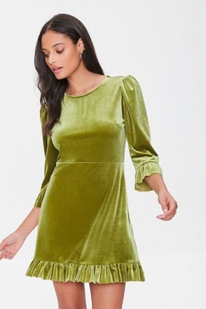 Vestido Forever 21 Velvet Flounce Mini Mujer Verde Oliva | 3NsqwHo6a65