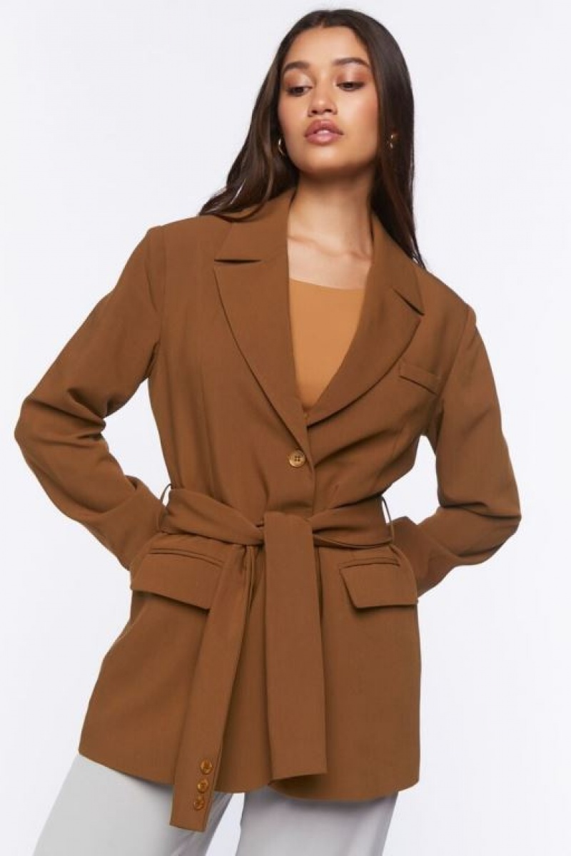 Blazer Forever 21 Belted Notched Mujer Almond | PMpLwKo95eH