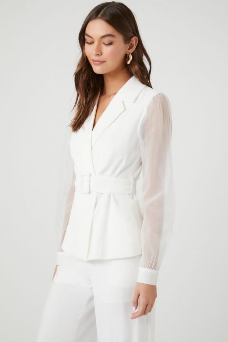 Blazer Forever 21 Belted Sheer Long Sleeve Mujer Blancas | DEmeJS2vHWk