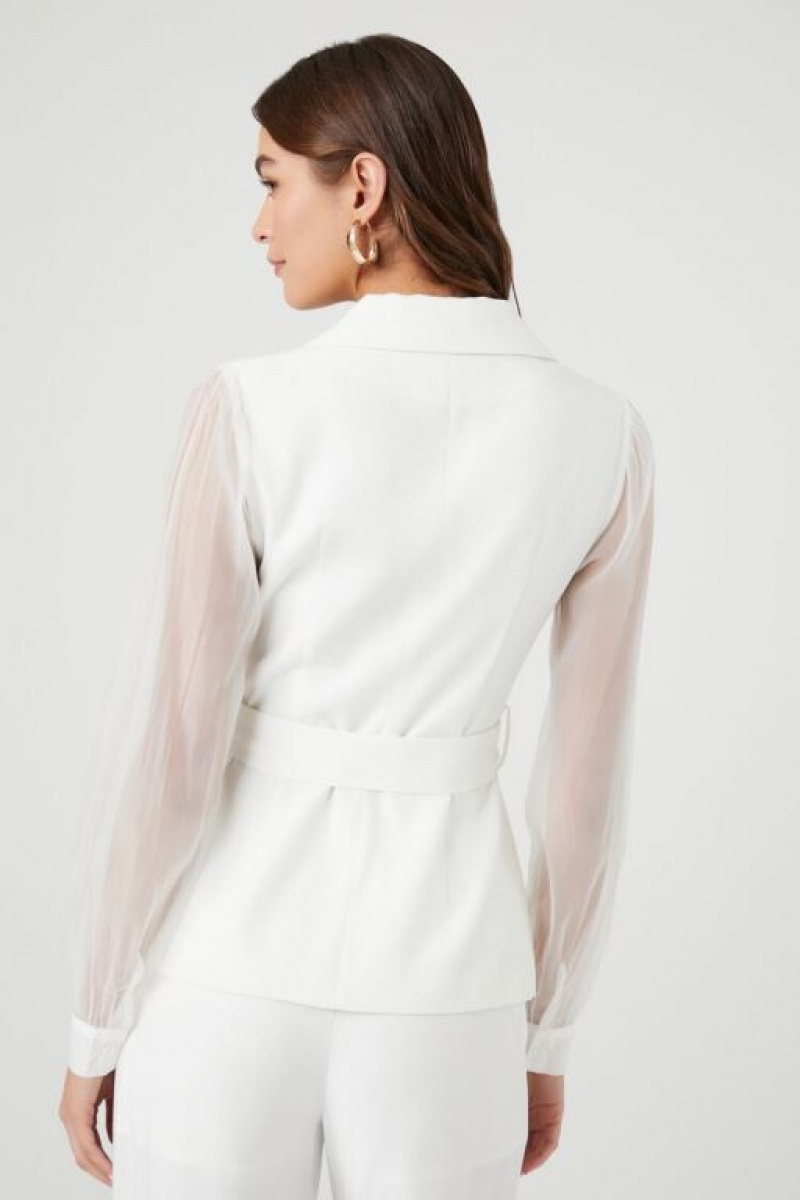 Blazer Forever 21 Belted Sheer Long Sleeve Mujer Blancas | DEmeJS2vHWk