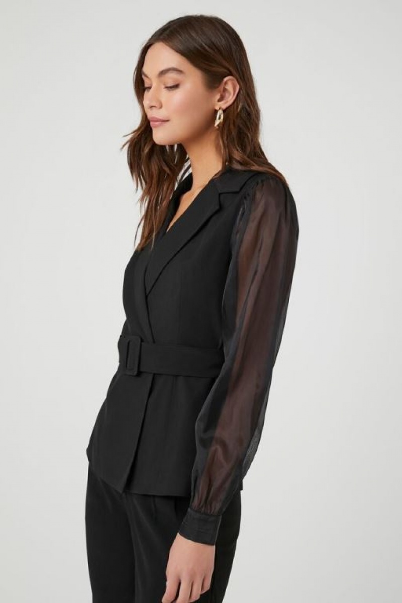 Blazer Forever 21 Belted Sheer Long Sleeve Mujer Negras | 6QMLJnxwtsO