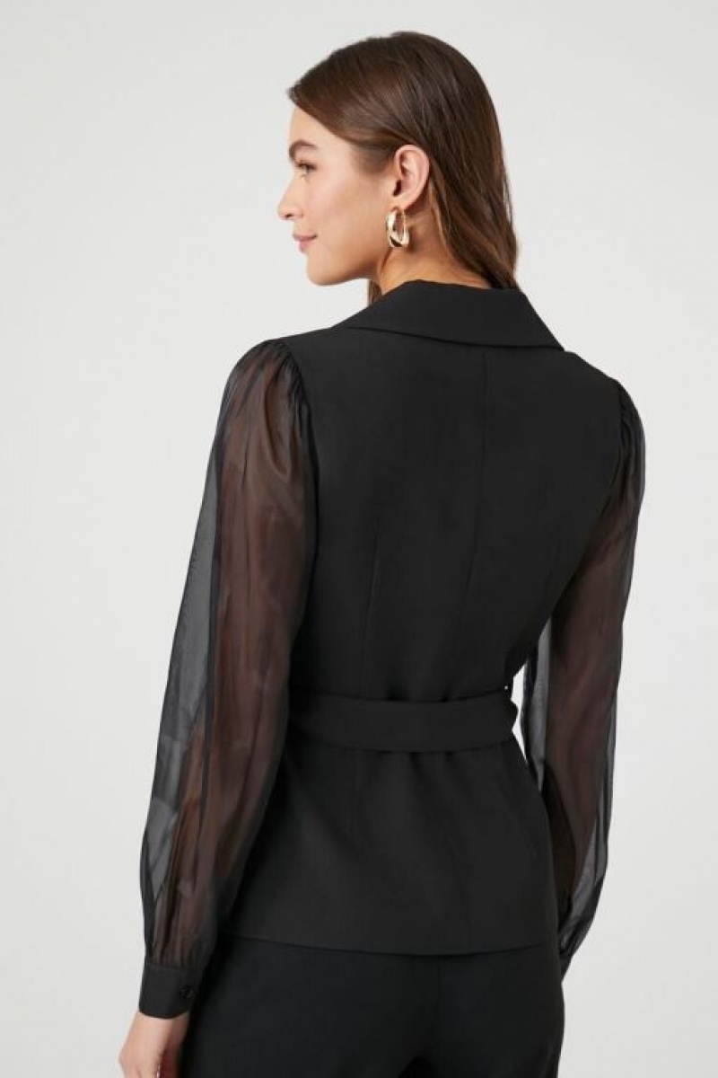 Blazer Forever 21 Belted Sheer Long Sleeve Mujer Negras | 6QMLJnxwtsO