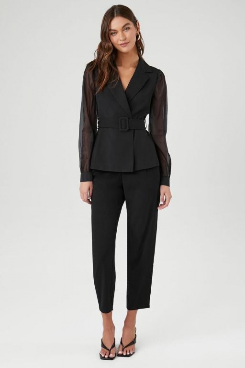 Blazer Forever 21 Belted Sheer Long Sleeve Mujer Negras | 6QMLJnxwtsO