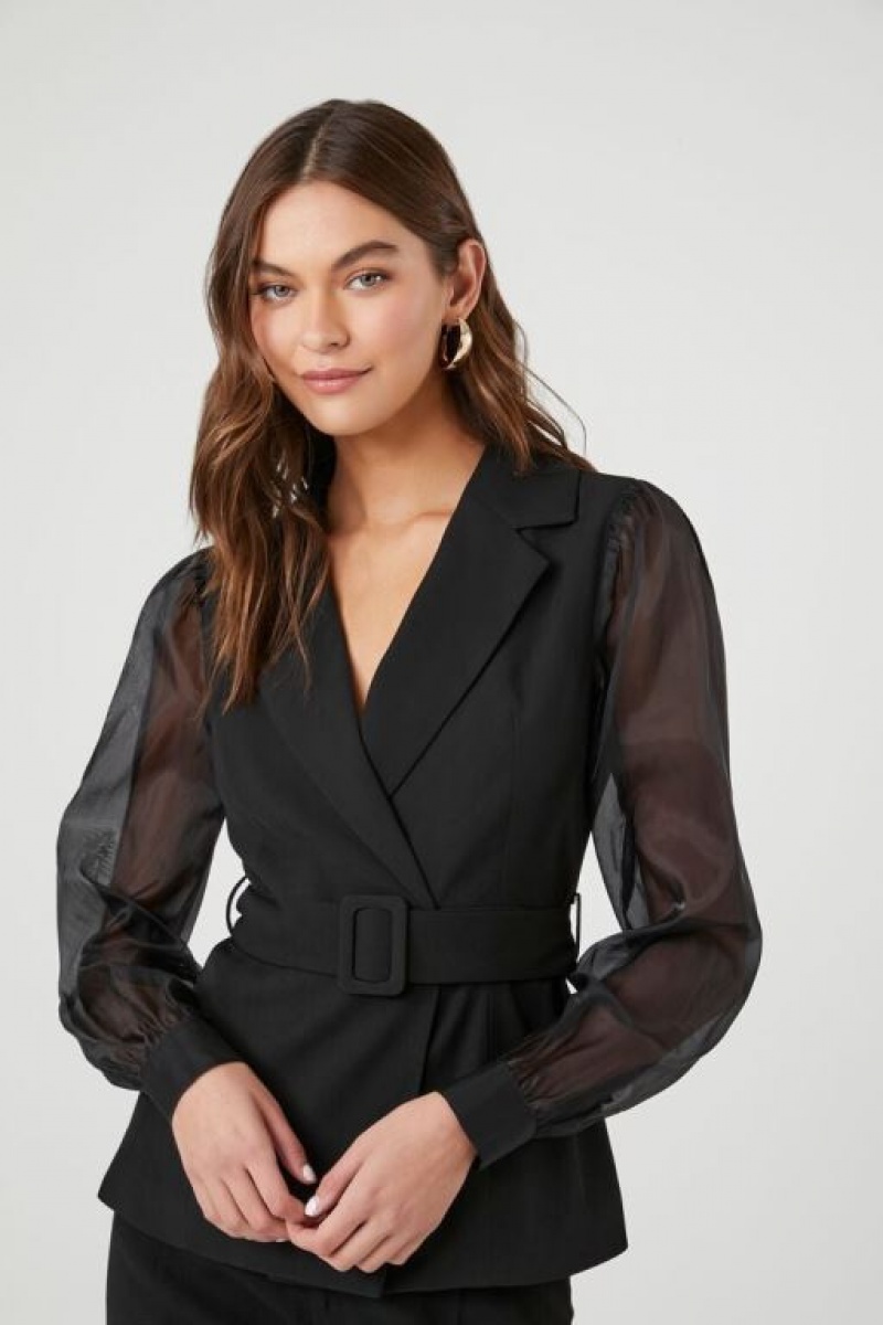 Blazer Forever 21 Belted Sheer Long Sleeve Mujer Negras | 6QMLJnxwtsO