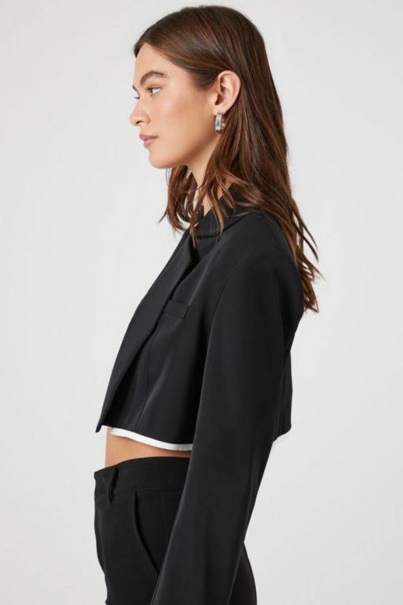 Blazer Forever 21 Boxy Contrast Trim Cropped Mujer Negras Blancas | Jevi0OVAD3c