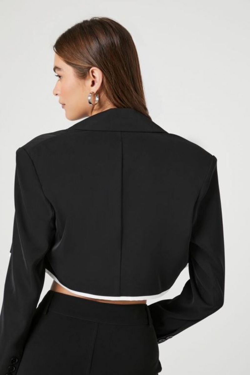 Blazer Forever 21 Boxy Contrast Trim Cropped Mujer Negras Blancas | Jevi0OVAD3c