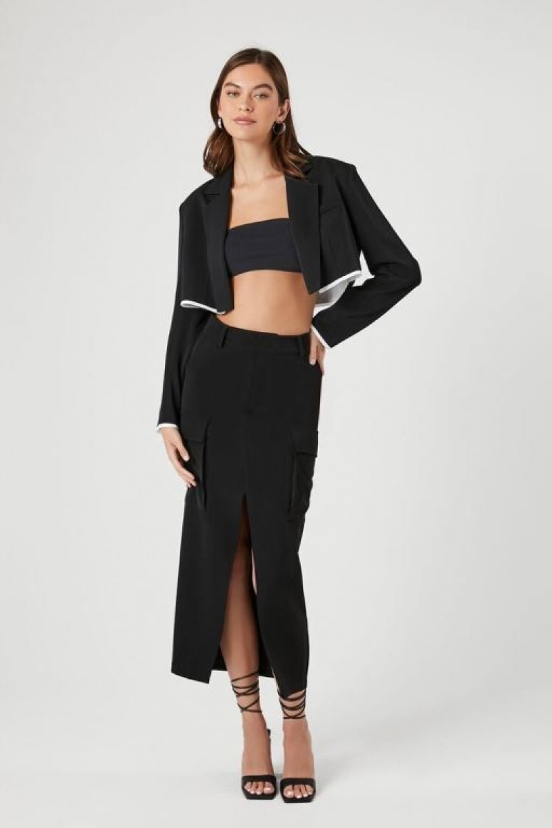 Blazer Forever 21 Boxy Contrast Trim Cropped Mujer Negras Blancas | Jevi0OVAD3c