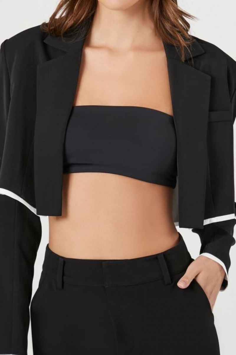 Blazer Forever 21 Boxy Contrast Trim Cropped Mujer Negras Blancas | Jevi0OVAD3c