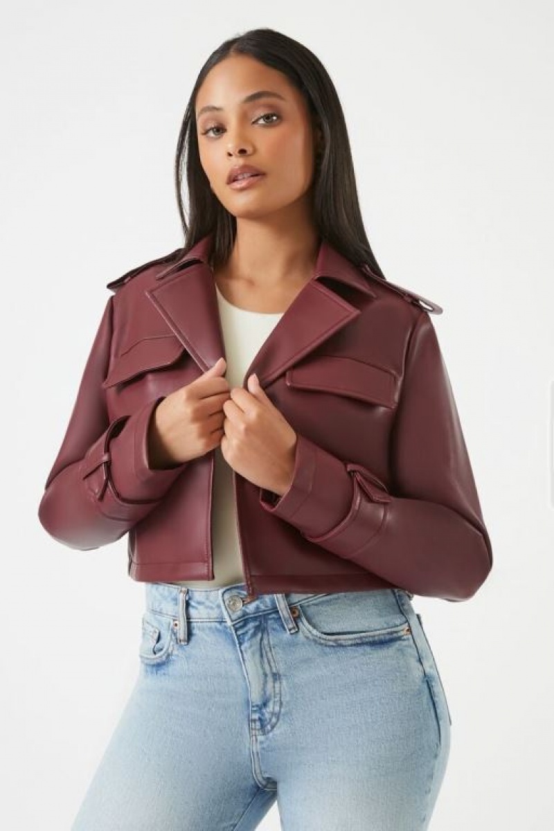 Blazer Forever 21 Cropped Faux Cuero Mujer Rojas Oscuro | fTWefzylfTY