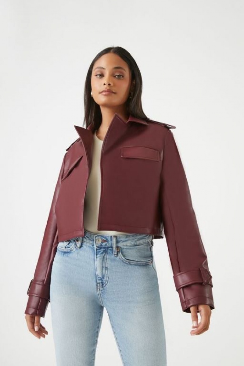 Blazer Forever 21 Cropped Faux Cuero Mujer Rojas Oscuro | fTWefzylfTY