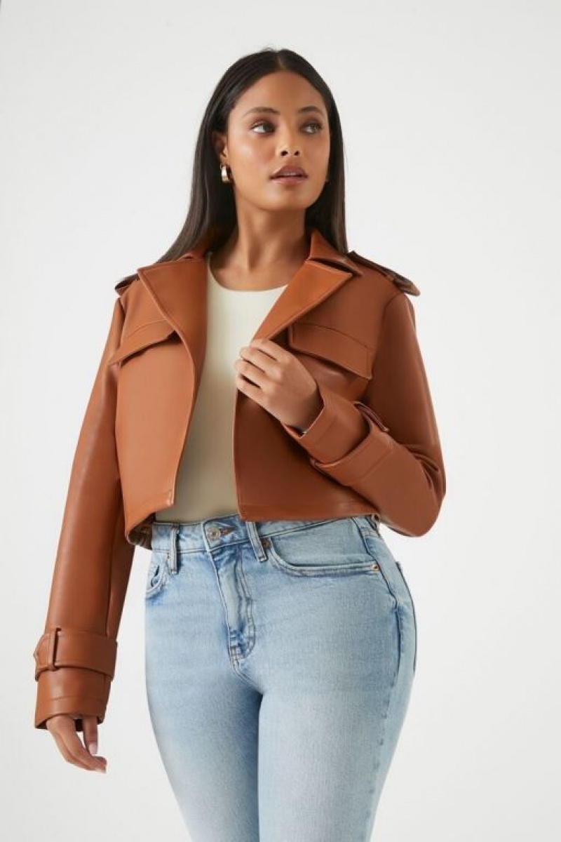 Blazer Forever 21 Cropped Faux Cuero Mujer Marrones | WAkh64HdcBG