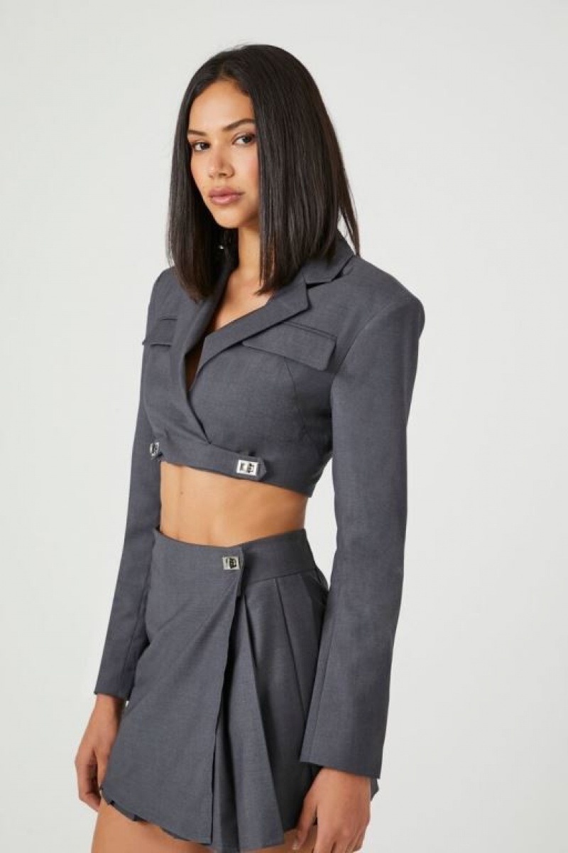 Blazer Forever 21 Cropped Notched Lapel Mujer Gris | r9PTdDR5WSo