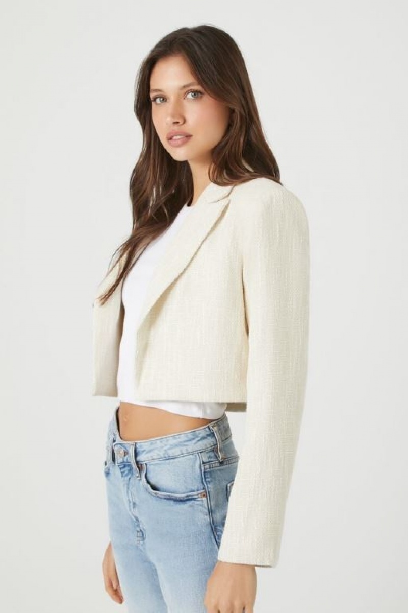 Blazer Forever 21 Cropped Open Front Tweed Mujer Creme | N0BPEsEX0lY