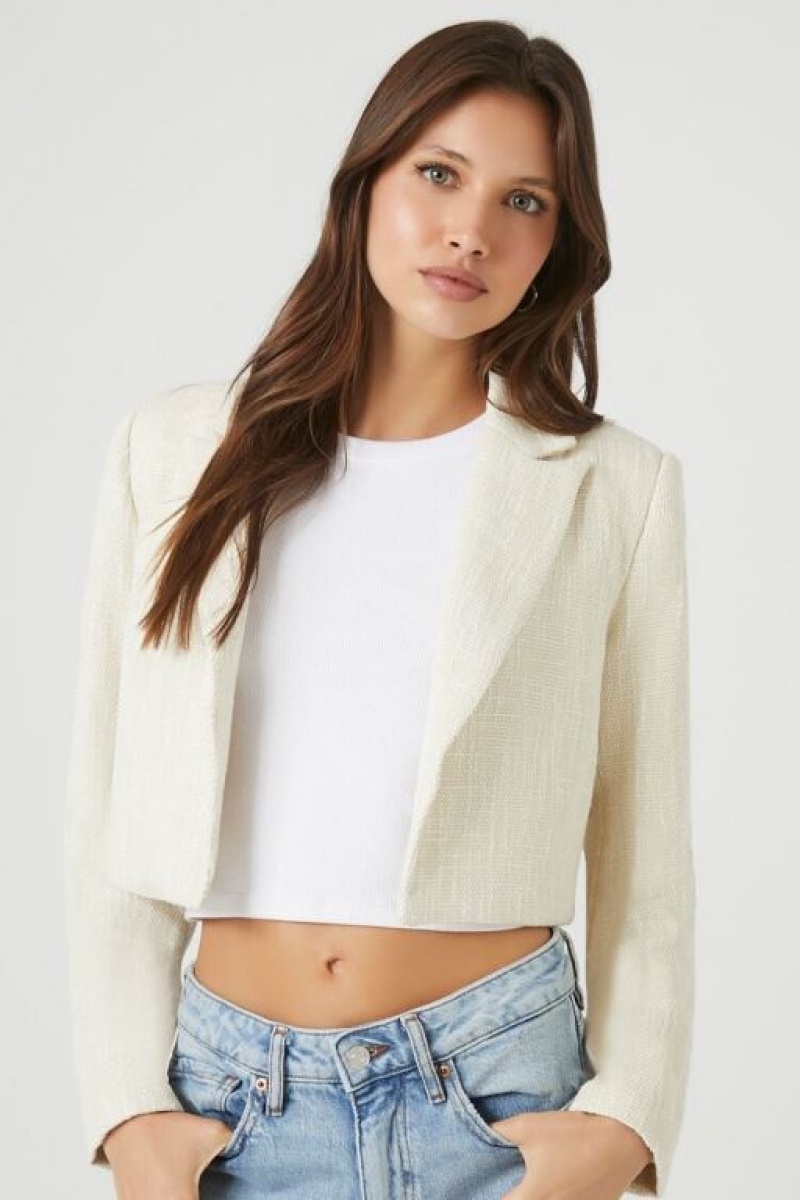 Blazer Forever 21 Cropped Open Front Tweed Mujer Creme | N0BPEsEX0lY