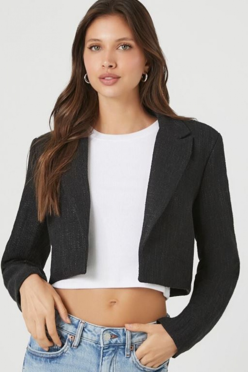 Blazer Forever 21 Cropped Open Front Tweed Mujer Negras | GVSqVWEUcnv