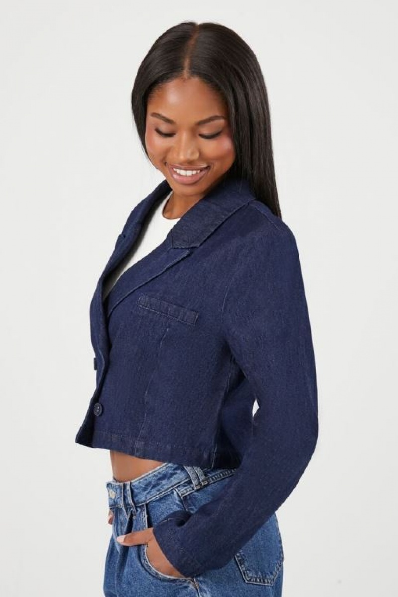 Blazer Forever 21 Denim Double Breasted Cropped Mujer Azules Oscuro | gUZXXr8EoUf