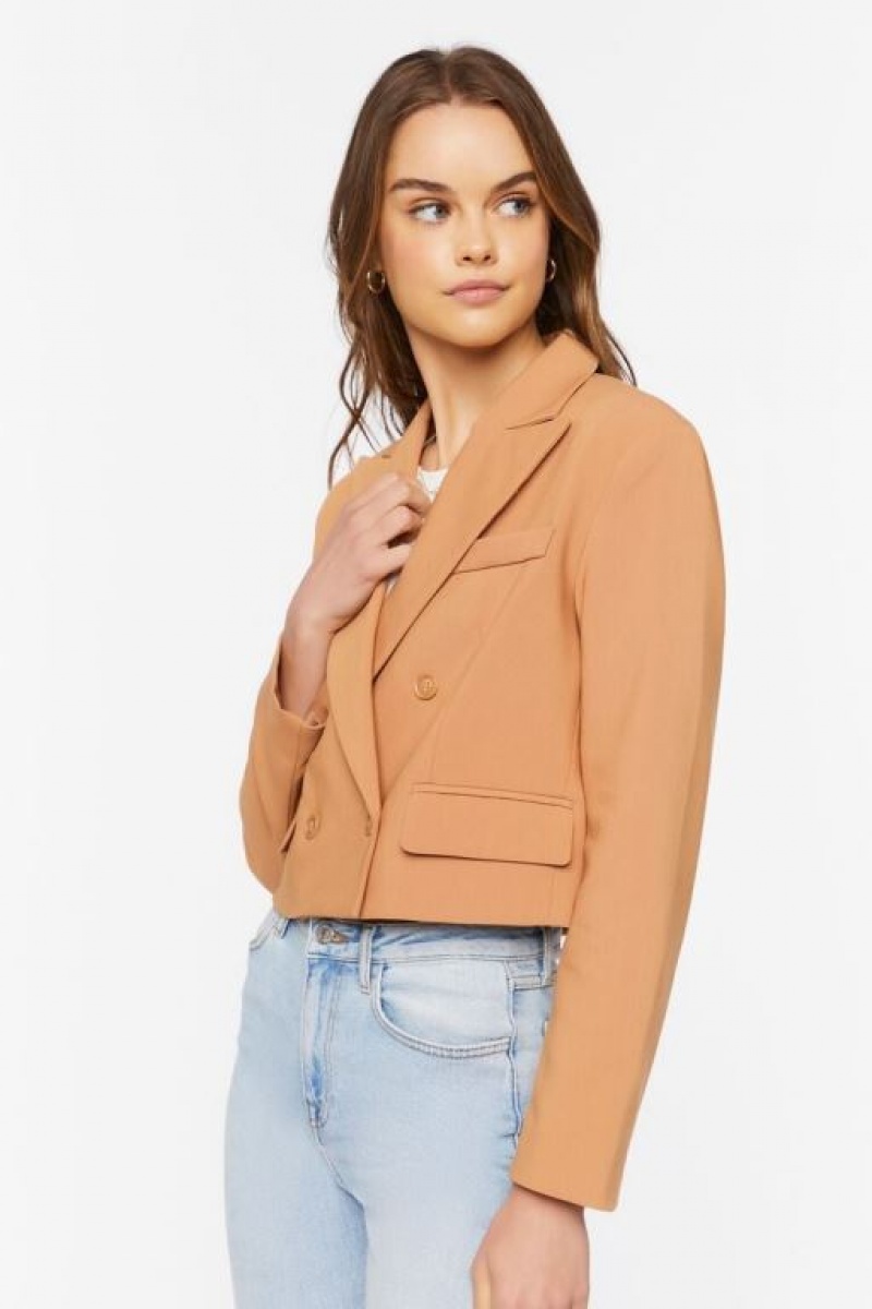 Blazer Forever 21 Double Breasted Cropped Mujer Beige | U49zMSnbUS2