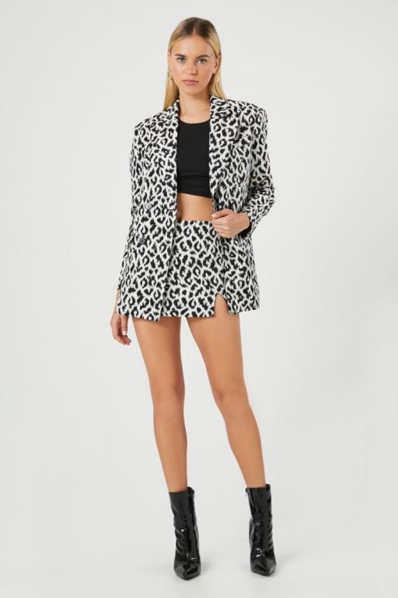 Blazer Forever 21 Double Breasted Leopard Print Mujer Blancas Multicolor | eGavT5BVezK