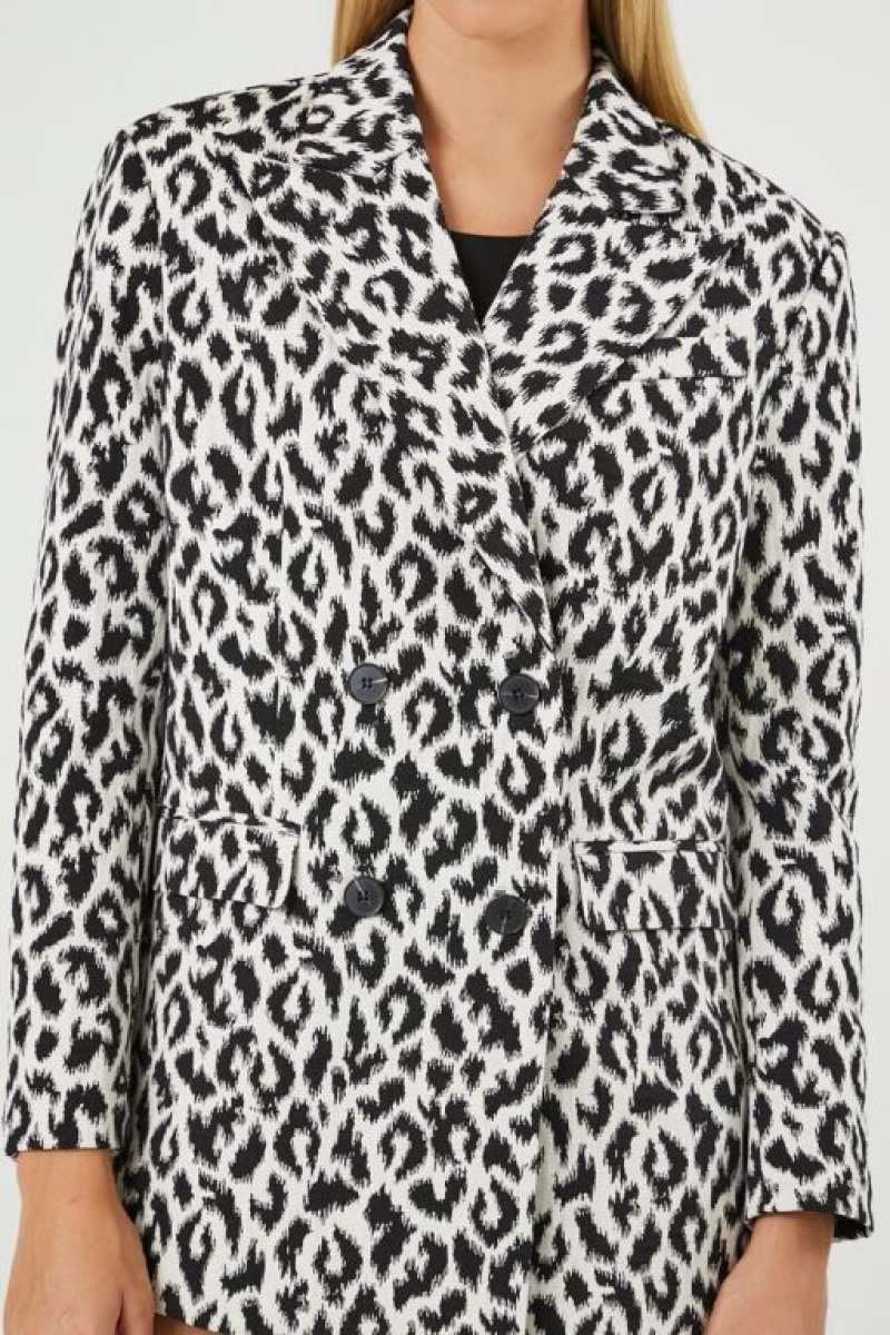 Blazer Forever 21 Double Breasted Leopard Print Mujer Blancas Multicolor | eGavT5BVezK