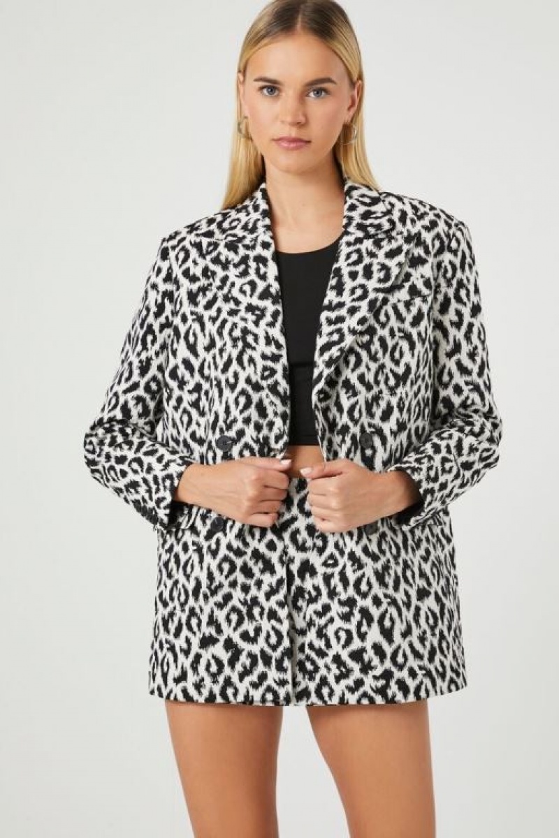 Blazer Forever 21 Double Breasted Leopard Print Mujer Blancas Multicolor | eGavT5BVezK