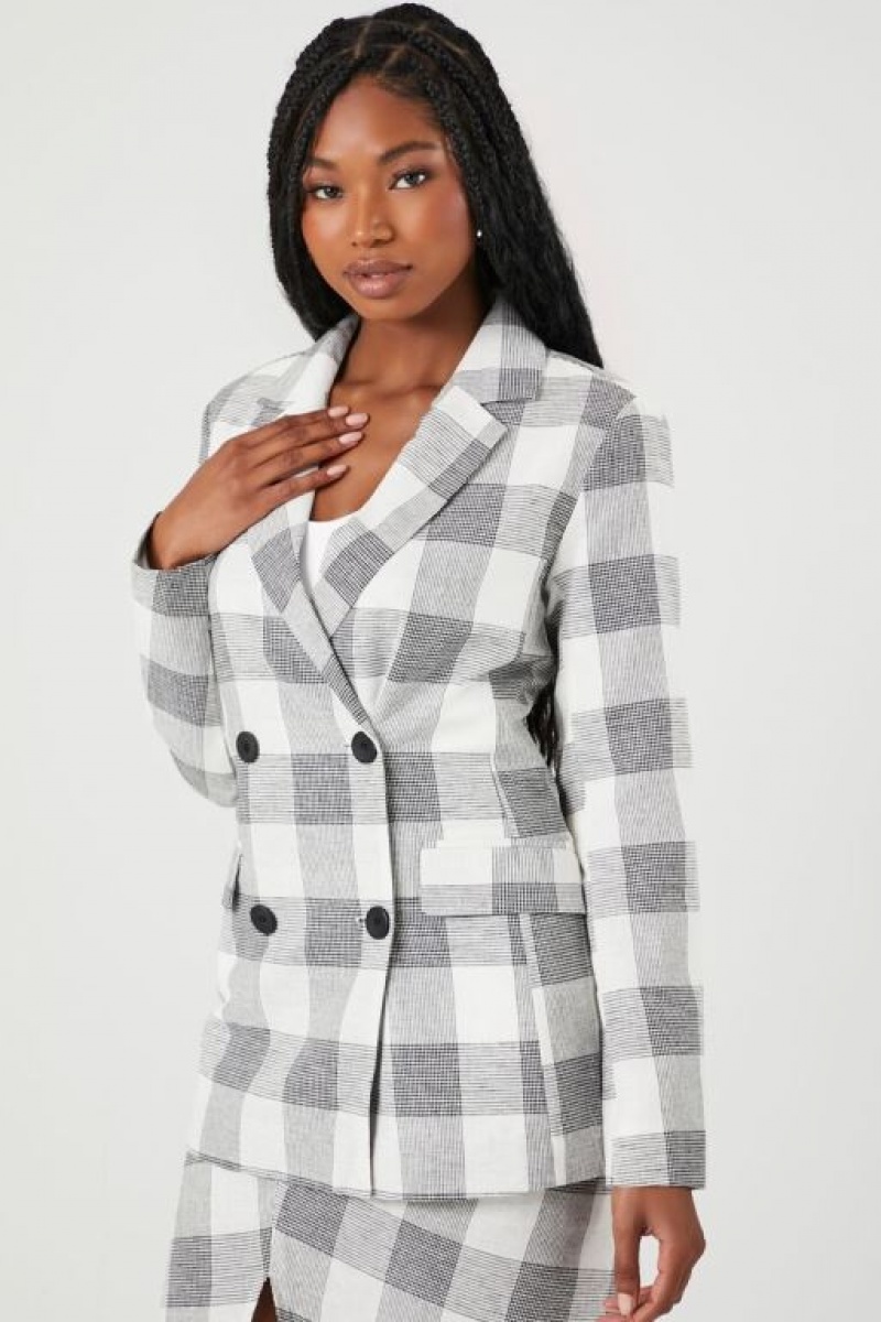 Blazer Forever 21 Double Breasted Plaid Mujer Blancas Multicolor | I187BR2QB7J