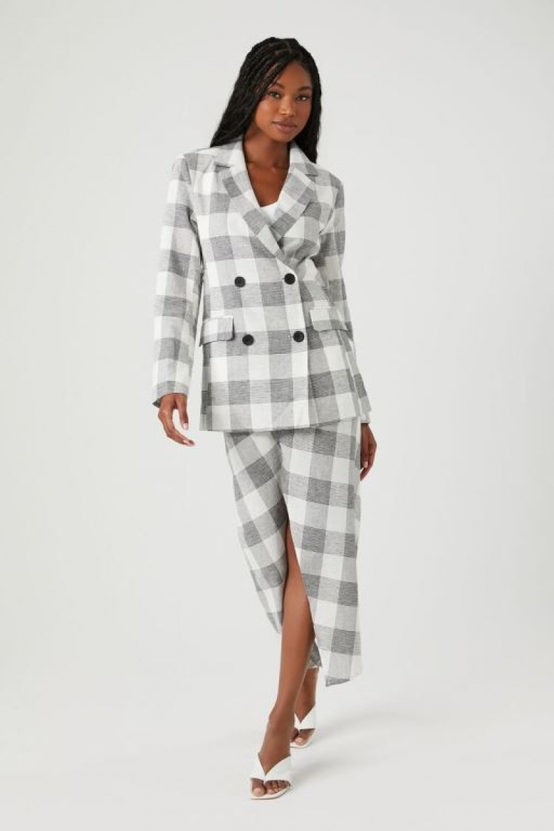 Blazer Forever 21 Double Breasted Plaid Mujer Blancas Multicolor | I187BR2QB7J