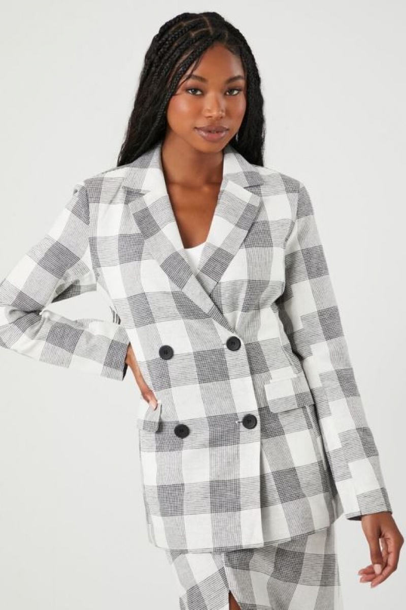 Blazer Forever 21 Double Breasted Plaid Mujer Blancas Multicolor | I187BR2QB7J