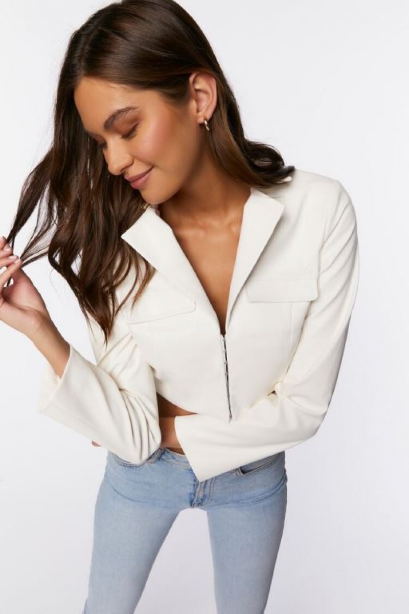 Blazer Forever 21 Faux Cuero Cropped Mujer Creme | wpJZosCGVtp